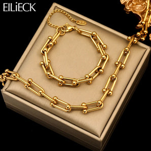 Gold Color Thick Chain Necklace Bracelet Set: Fashionable Stainless Steel Jewelry