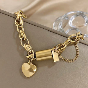 Punk Chunky Gold Chain Bracelet: Stainless Steel Heart Love Pendant