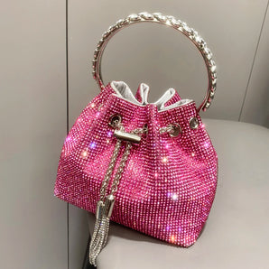 Luxury Designer Crystal Rhinestone Bucket Clutch: Evening Banquet Shoulder Bag