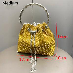 Luxury Designer Crystal Rhinestone Bucket Clutch: Evening Banquet Shoulder Bag