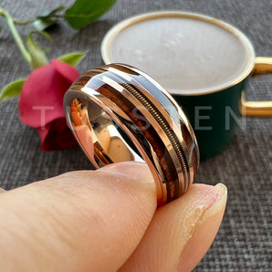 8MM Rose Gold Guitar String Ring: Unique Tungsten Wedding Band with Real Wood Inlay