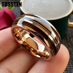 8MM Rose Gold Guitar String Ring: Unique Tungsten Wedding Band with Real Wood Inlay